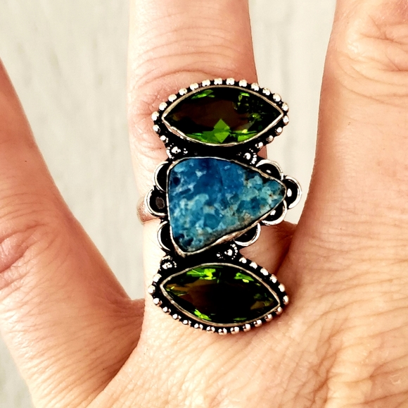 New Rough Blue Kyanite & Peridot 925 Silver Ring. - Picture 4 of 7